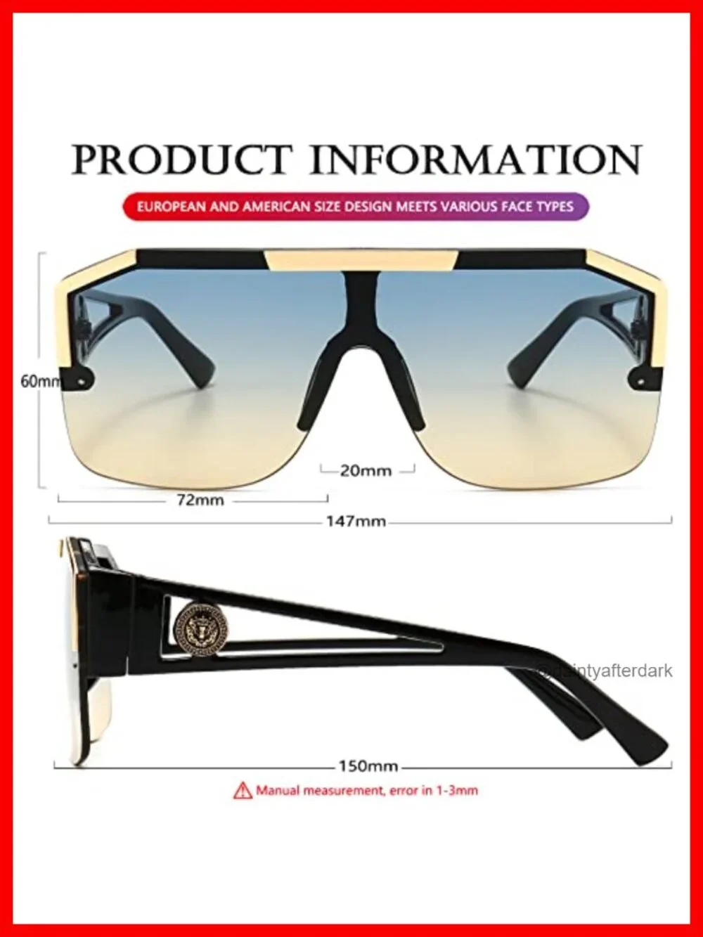 Oversized Square Sunglasses Flat Top Shield Unisex Metal Frame